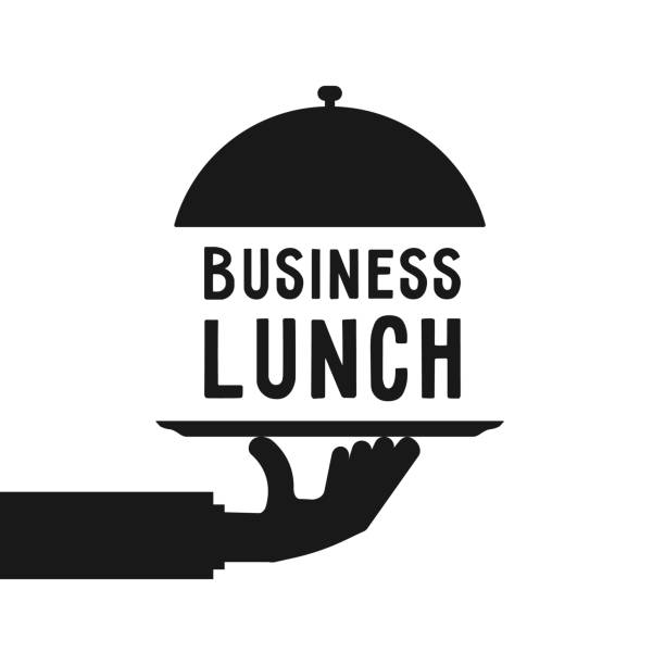 makan siang bisnis seperti sajian tangan hitam - butler holding food ilustrasi stok