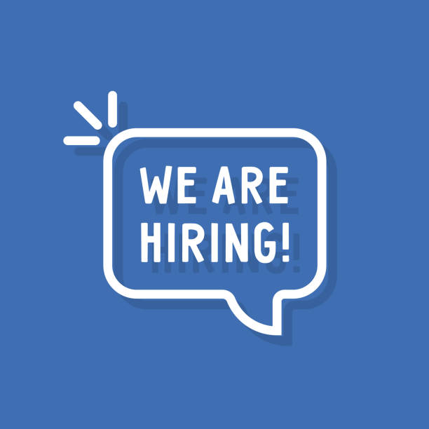 white we re hiring thin line bubble white we re hiring thin line bubble. concept of search worker in office or find employees. flat art style trend modern simple sms graphic lineart design element for flyer isolated on blue word cloud shapes stock illustrations