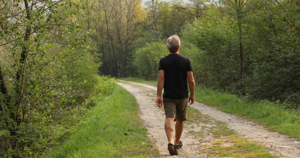 istock Male hiker walks along forested trail at sunrise 1276803715