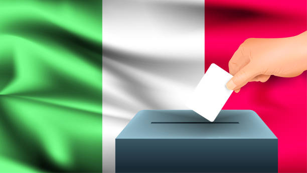 illustrazioni stock, clip art, cartoni animati e icone di tendenza di la mano maschile mette giù un foglio bianco con un segno come simbolo di una scheda elettorale sullo sfondo della bandiera italiana. l'italia simbolo delle elezioni - italian elections