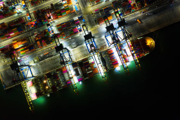 istock Container , container ship in export and import business and logistics. Shipping cargo to harbor by crane. Water transport International. Aerial view and top view. 1276812127