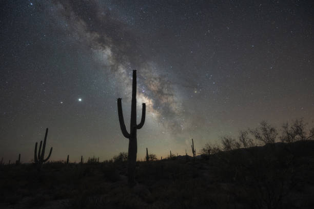istock Beautiful milky way galaxy and night sky with a desert silhouette 1276813346