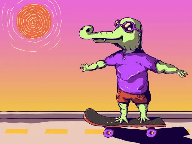 Vector illustration of Funny cartoon vector illustration - Cool crocodile on a skateboard.