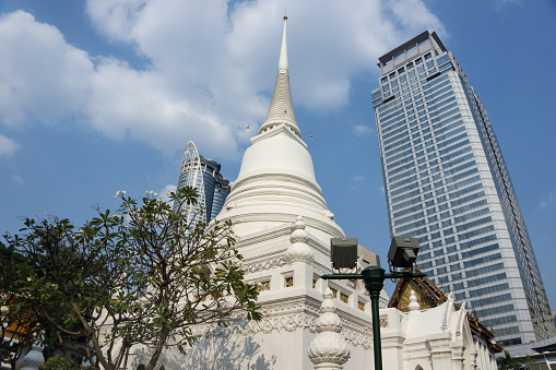 BANGKOK, THAILAND, February 11, 2020: Wat Pathum Wanaram Temple is located between the two shopping malls Siam Paragon and CentralWorld, Thailand
