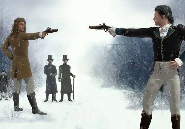Two victorian men facing each other in a duel with flintlock pistols, in a barren winter landscape, 3d render.