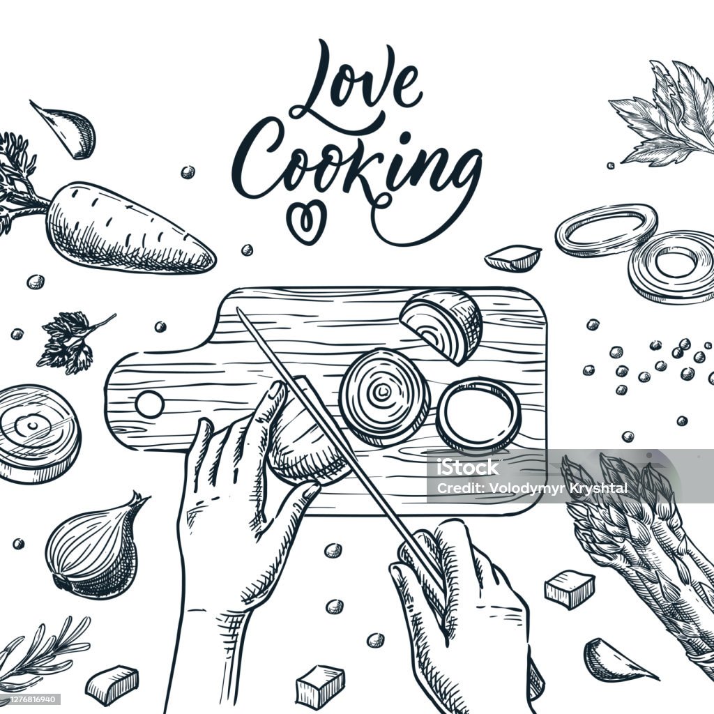 in Healthy cooking, meal preparation process vector sketch illustration. Human hands cut onion with knife on cutting board. Hand drawn love cooking calligraphy lettering and sliced vegetables Cooking stock vector