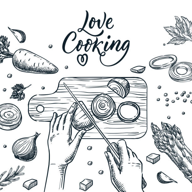 in Healthy cooking, meal preparation process vector sketch illustration. Human hands cut onion with knife on cutting board. Hand drawn love cooking calligraphy lettering and sliced vegetables cooking drawings stock illustrations