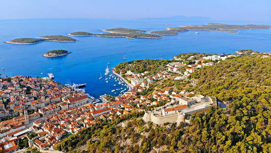 Aerial view of Hvar town with Paklinski islands in background