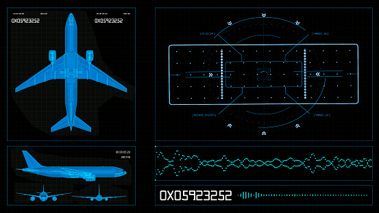 Futuristic HUD elements on a computer display with plane scheme and navigation system on a screen. Hitech Illustration