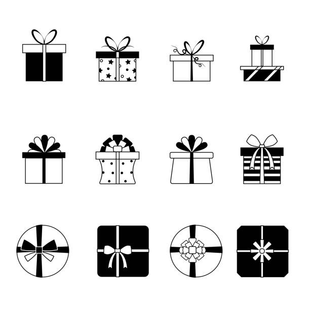 Set of black and white icons. Various options for gift boxes tied with a ribbon and decorated with a bow. Collection of vector icons of various design for web and mobile applications, animation. gift silhouettes stock illustrations