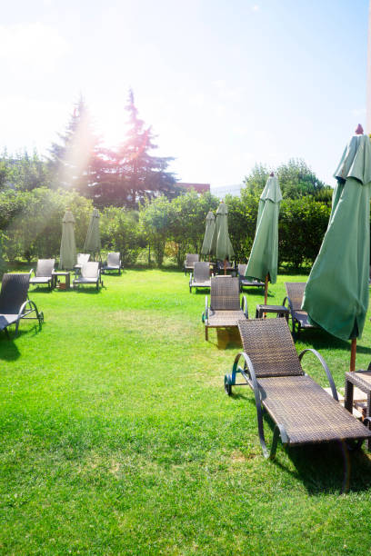 istock Sun beds with umbrellas on green grass.Summertime concept 1276826239