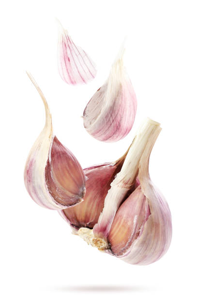 Half garlic and cloves of garlic on a white background, isolated. Garlic flies Half garlic and cloves of garlic close up on a white background, isolated. Garlic flies levitation stock pictures, royalty-free photos & images