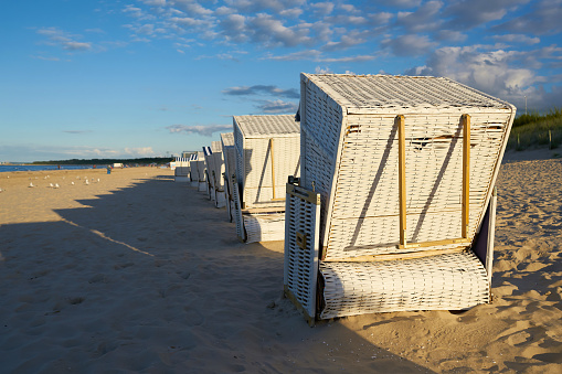 Beach chairs on the beach of Swinoujscie on the Baltic Sea in Poland