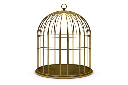 Empty Bird Gold Cage On White Background, 3D Rendering Stock Photo, Gold Cage