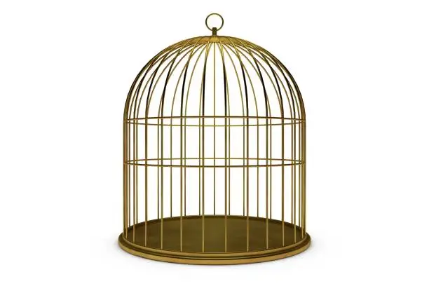 Photo of Empty Bird Gold Cage On White Background, 3D Rendering Stock Photo