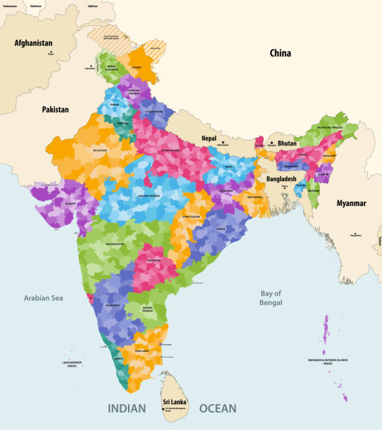 近隣の国や地域とインドの地図。インドの地図は州によって着色され、各州内の地区境界を示しています。ベクトルの図 - india map cartography pakistan点のイラスト素材／クリップアート素材／マンガ素材／アイコン素材