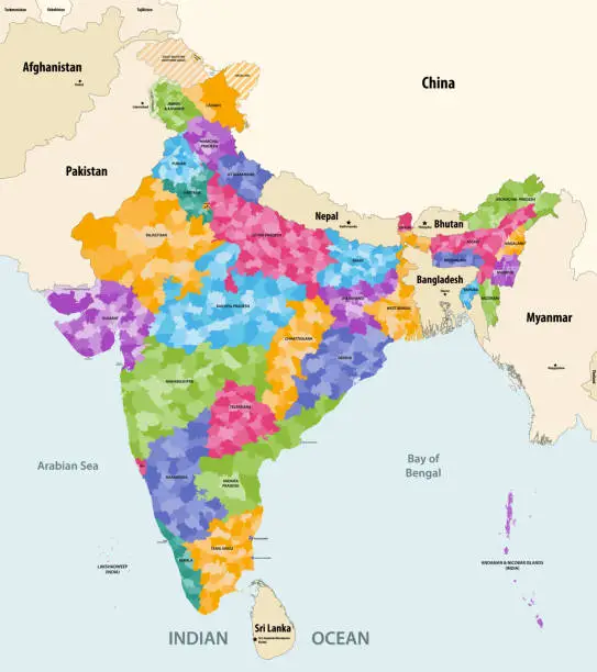 Vector illustration of Map of India with neighbouring countries and territories. Indian map colored by states and showing districts boundaries inside each state. Vector illustration