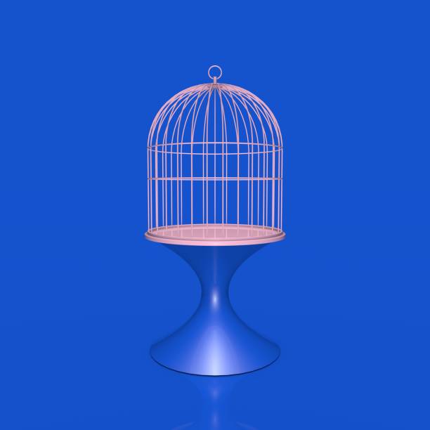 Pink Empty Birdcage On Blue Stand And Blue Background, 3D Rendering Stock Photo