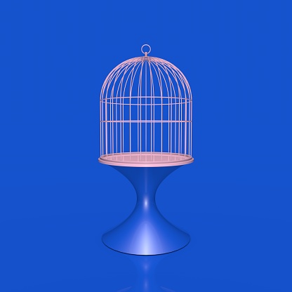 Pink Empty Birdcage On Blue Stand And Blue Background, 3D Rendering Stock Photo