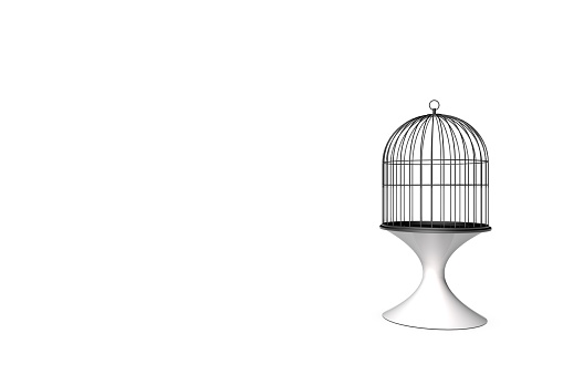 Black Empty Birdcage On White Stand And White Background, 3D Rendering Stock Photo