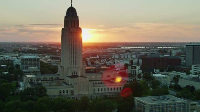 Sun Setting Behind Nebraska State Capitol - Aerial