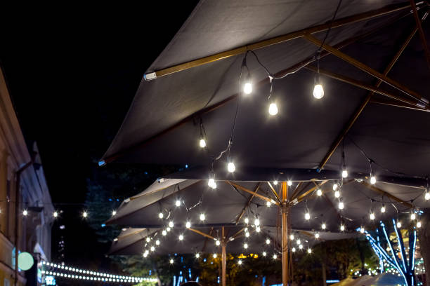 istock textile umbrella with wooden frame and edison string lights glowing with white light on backyard terrace, cityscape night scene with garland, nobody. 1276837262