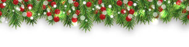 istock Christmas bright border with Christmas tree branches and holly berries on white background. Happy New Year decoration. Vector 1276837276