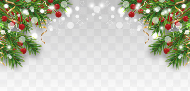 Christmas and Happy New Year border with Christmas tree branches and holly berries, golden ribbons and stars isolated on transparent background. Vector Christmas and Happy New Year border with Christmas tree branches and holly berries, golden ribbons and stars isolated on transparent background. Vector illustration. christmas border stock illustrations