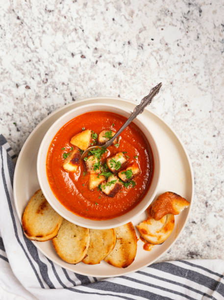 istock Overhead view of vegan tomato soup with copy space 1276839468