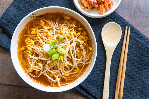 Korean instant noodles with Bean sprouts, kimchi - Korean ramen style