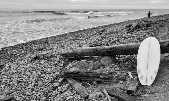 A lost surf board on the beach