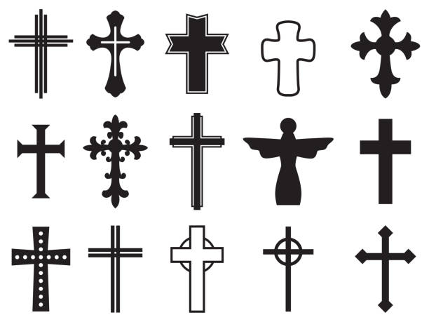 sylwetki krzyżowe - krzyż akcesoria religijne stock illustrations