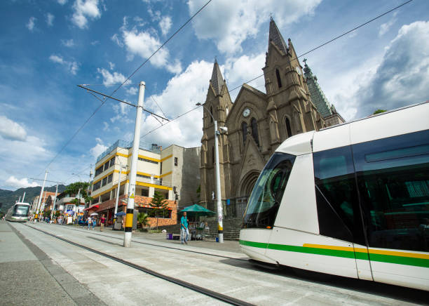 The Medellin tramway Medellin, Antioquia / Colombia - July 08, 2019. The Medellín tramway is a means of rail transportation, urban electric passenger and operates in the city of Medellín. metro medellin stock pictures, royalty-free photos & images