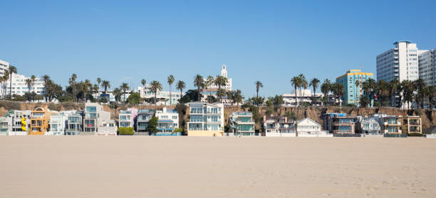 santa monica beach houses, panoramic view california - santa monica beach beach city of los angeles los angeles county imagens e fotografias de stock