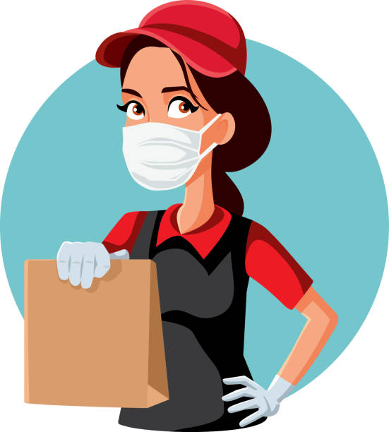 ilustraciones, imágenes clip art, dibujos animados e iconos de stock de trabajadora de comida rápida femenina que lleva máscara protectora y guantes - waiter food restaurant delivering