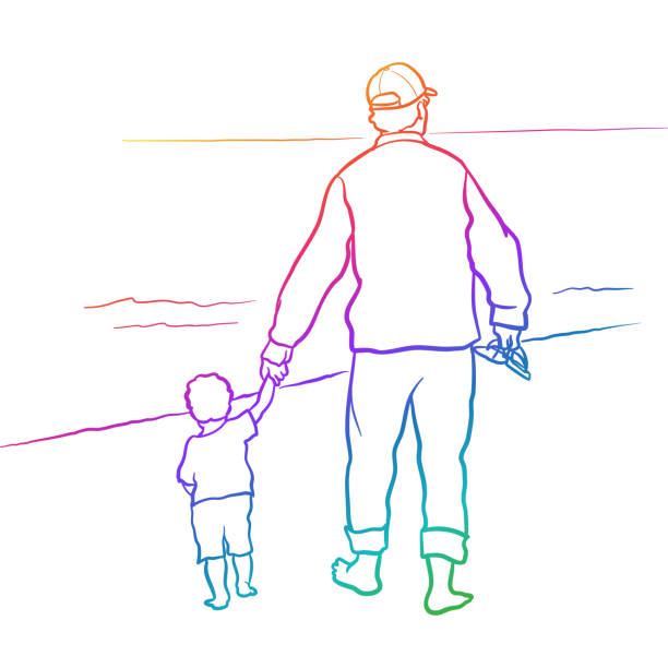ilustrações, clipart, desenhos animados e ícones de pai e bebê andando de praia arco-íris - baseball cap cap personal accessory vibrant color