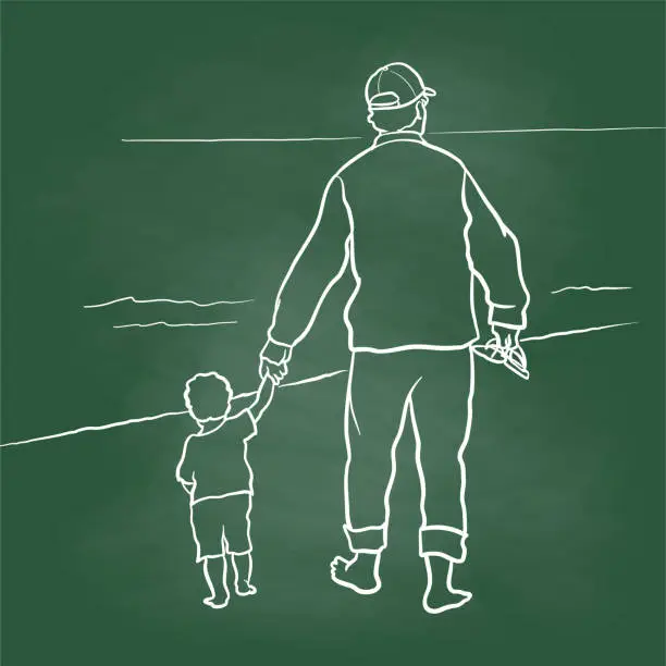 Vector illustration of Dad And Baby Walking Beach Chalkboard