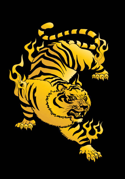 ilustracja złotego tygrysa orientalnej mistycznej bestii - ethereal spirituality concepts ancient stock illustrations