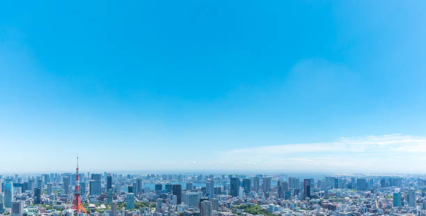 vista panoramica sul lato della baia di tokyo13 - horizon over land foto e immagini stock