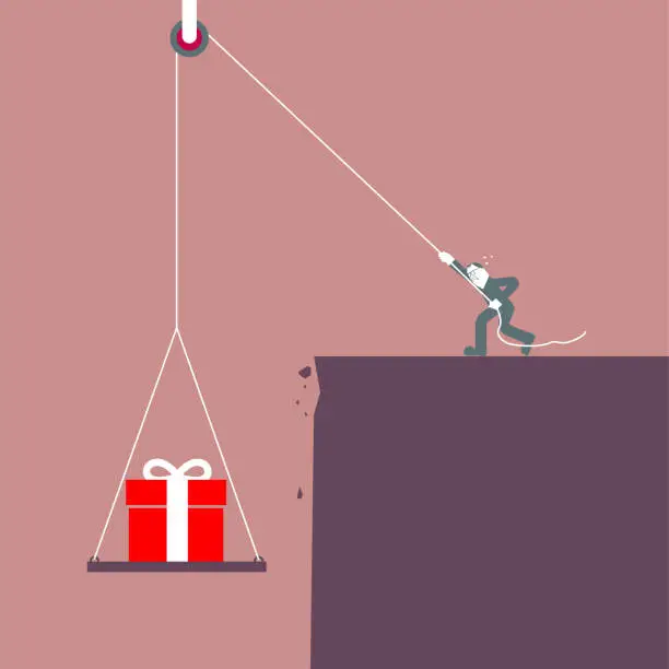 Vector illustration of A businessman uses a pulley to lift a gift.