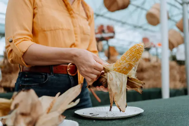 Woman on farm buying Halloween decoration