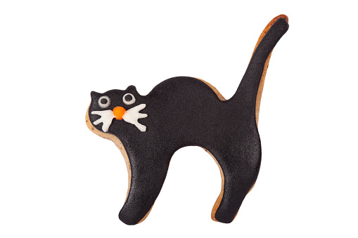 Halloween Black Cat Gingerbread Cookie Isolated on White Background