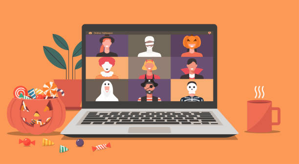 ilustraciones, imágenes clip art, dibujos animados e iconos de stock de concepto de fiesta de halloween en línea, la gente con trajes de terror en la pantalla del ordenador portátil tienen videoconferencia - horror ilustraciones