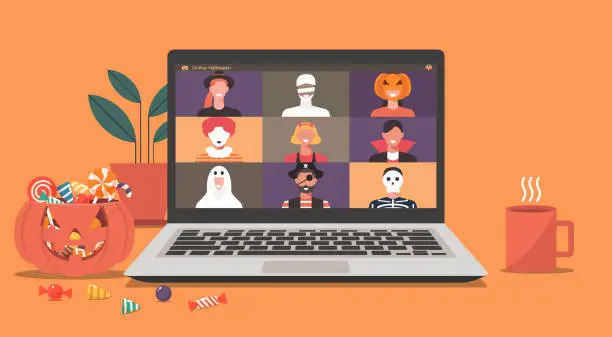 Vector illustration of Online Halloween party concept, people in horror costumes on laptop screen have video conference