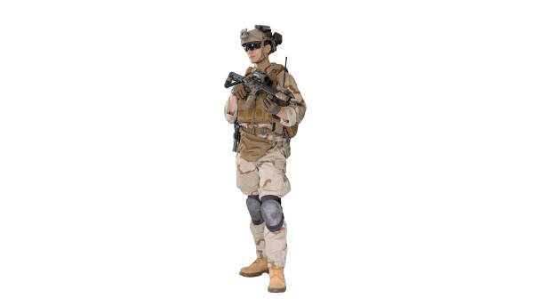 istock Soldier Standing looking to the side and Listening Orders on whi 1276880556