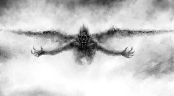 Illustration of scary flying vampire with wings. Illustration of scary flying vampire with wings. Fantasy drawing for creepy Halloween. Black and white horror genre picture. Spooky face of beast from nightmares. Grunge, coal and noise effects. demon stock illustrations