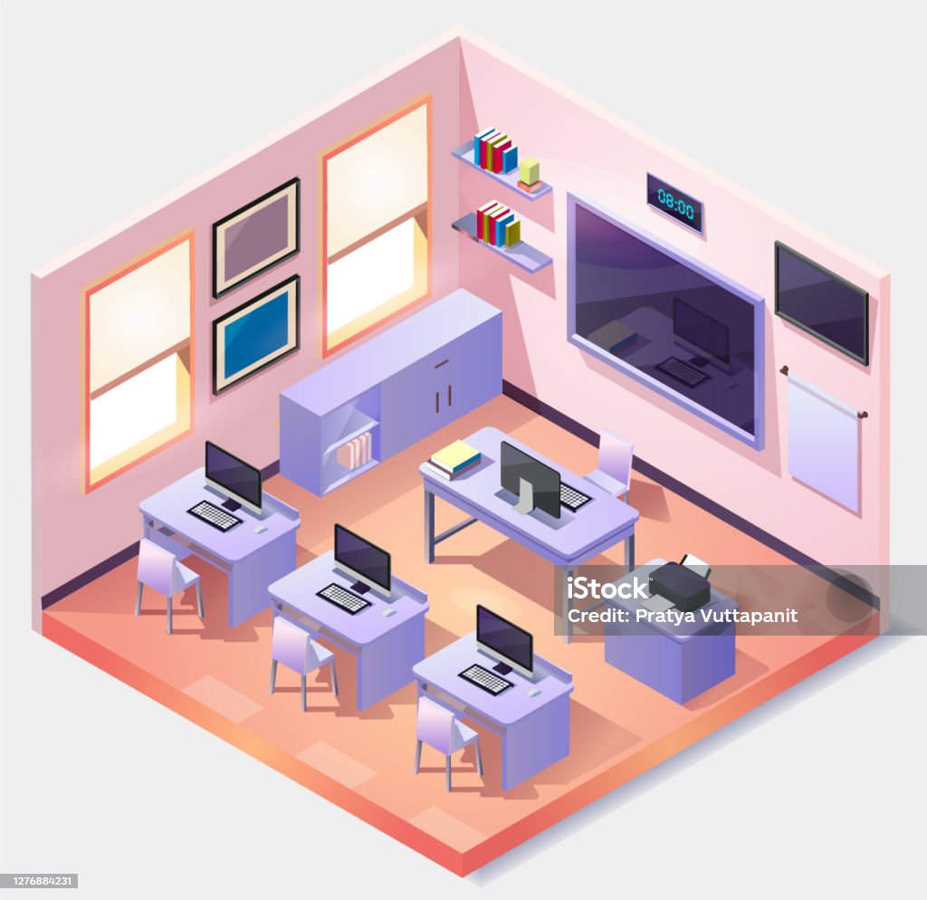 Computer Classroom Frame Isometric Empty Computer Classroom Stock Illustration - Download Image ...