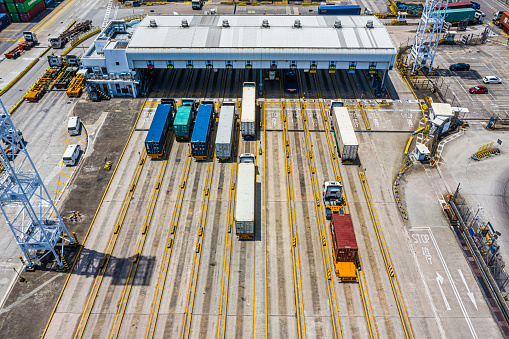 Aerial view of commercial logistics industry. Aerial view of cargo containers in a commercial dock.