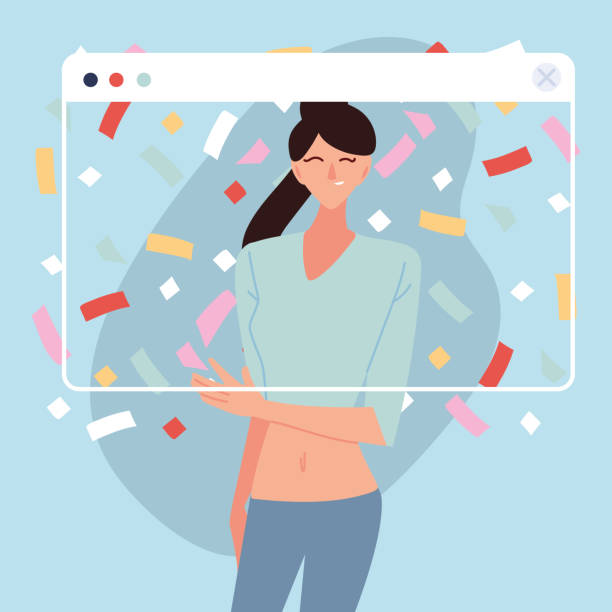 virtual party with woman cartoon and confetti in screen vector design virtual party with woman cartoon and confetti in screen design, Happy birthday and video chat theme Vector illustration virtual birthday celebration stock illustrations