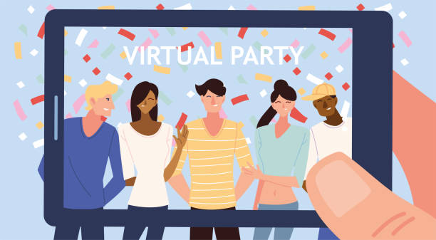 virtual party with men women cartoons and confetti in smartphone vector design virtual party with men women cartoons and confetti in smartphone design, Happy birthday and video chat theme Vector illustration virtual birthday celebration stock illustrations